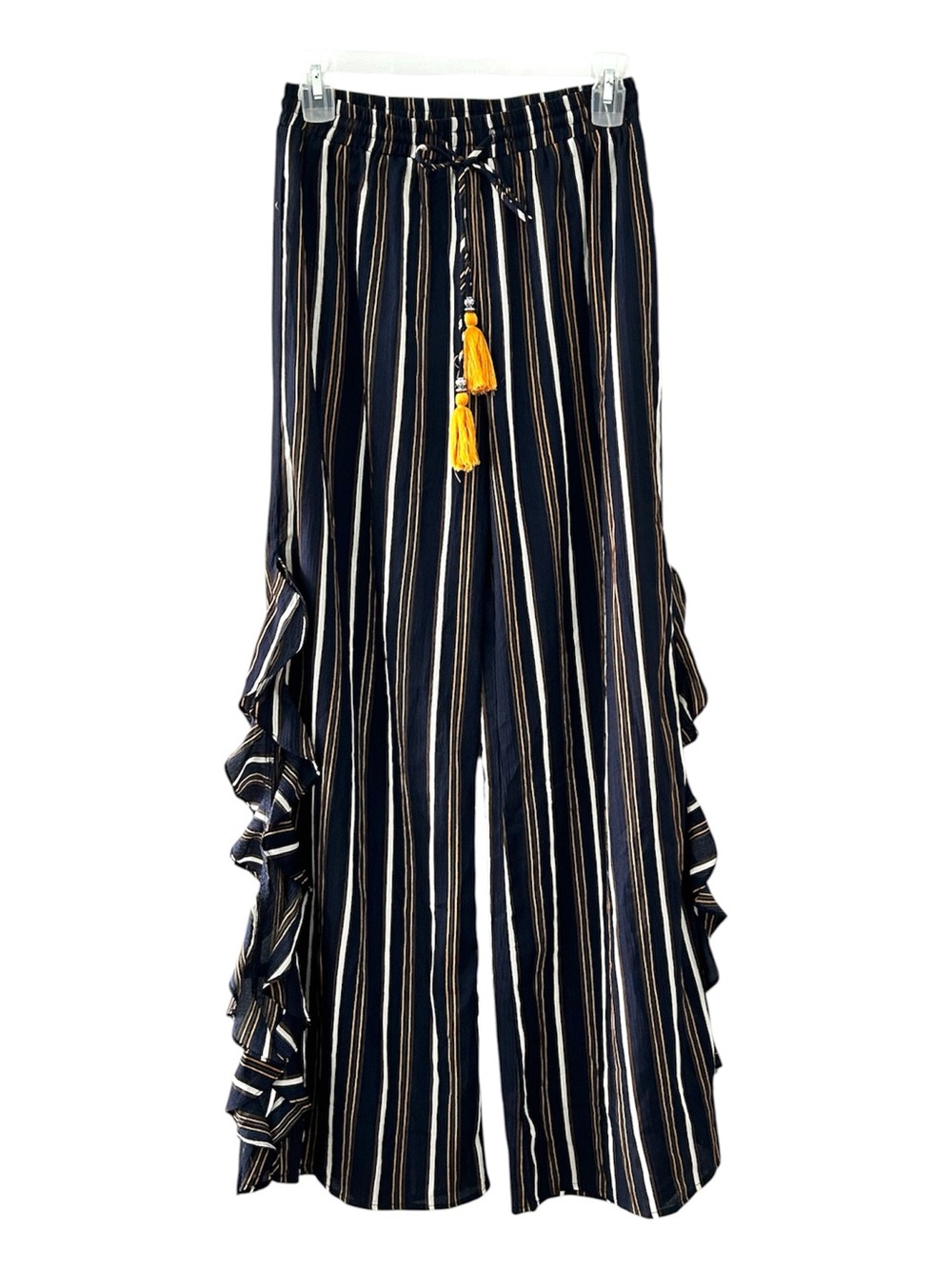Pia Rossini Navy Striped Beach pants with Ruffle Trim Split Wide Legs NWT Size M